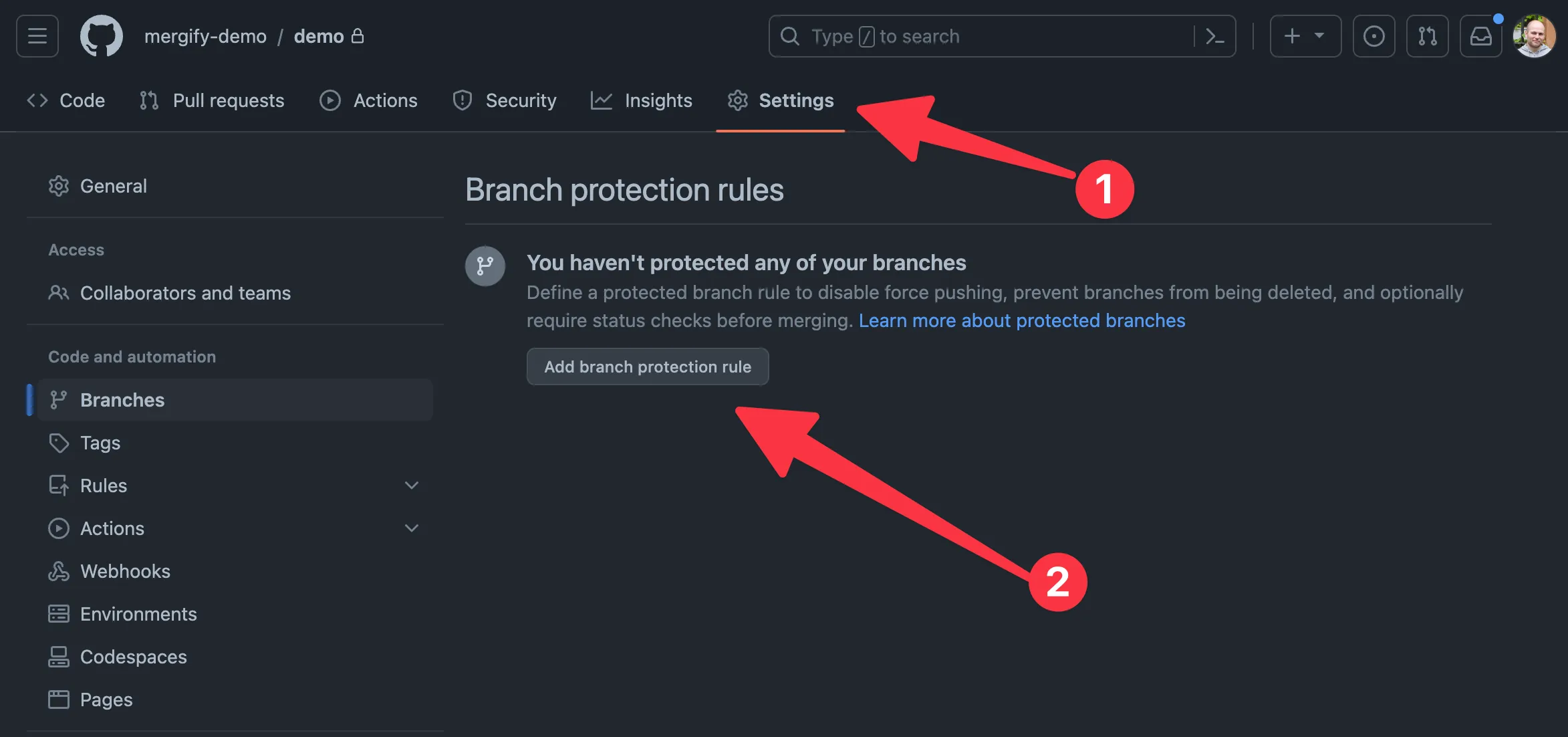 GitHub branch protection settings